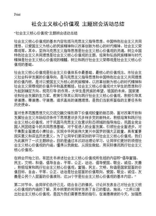 社会主义核心价值观主题班会活动总结