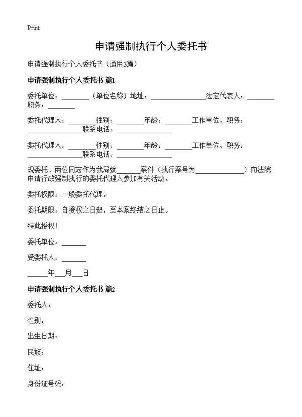 申请强制执行个人委托书3篇