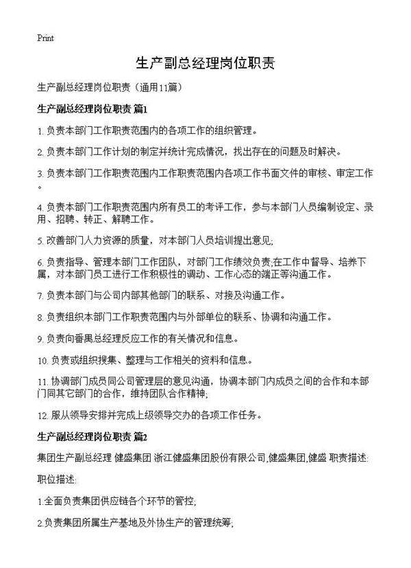 生产副总经理岗位职责11篇
