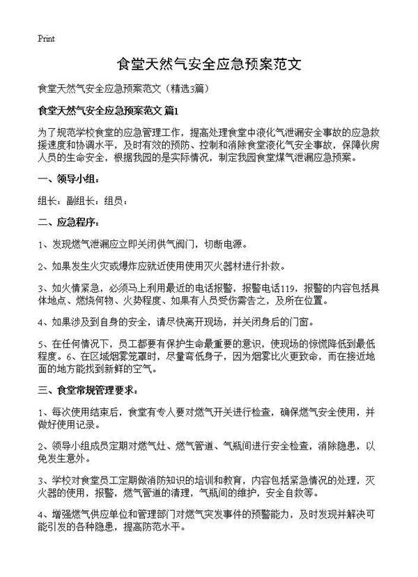 食堂天然气安全应急预案范文3篇