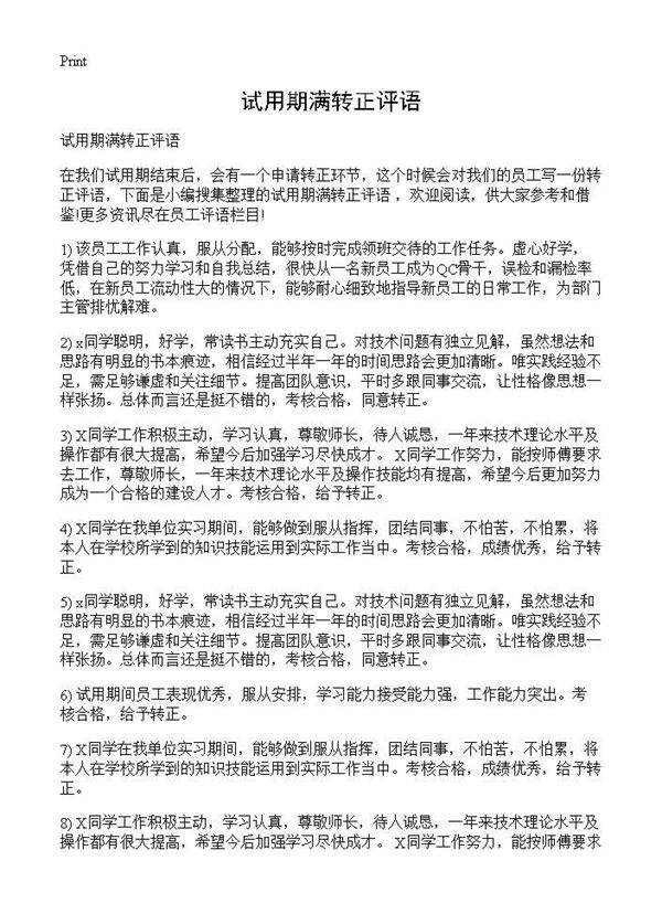 试用期满转正评语
