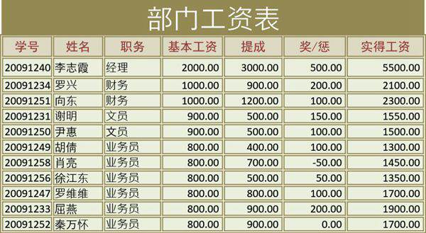 部门工资表格模板
