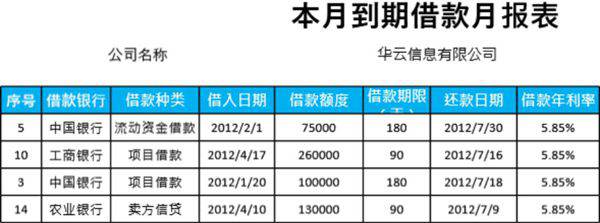 本月到期借款月报表模板
