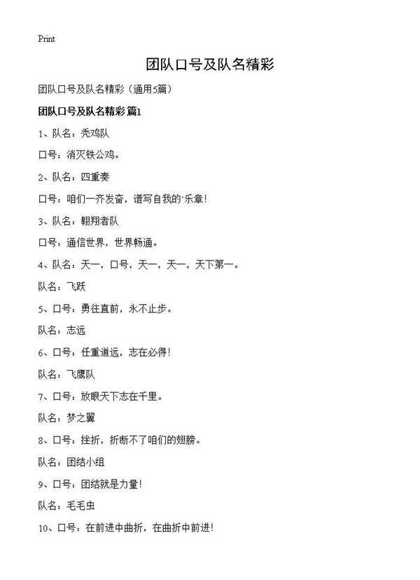 团队口号及队名精彩5篇
