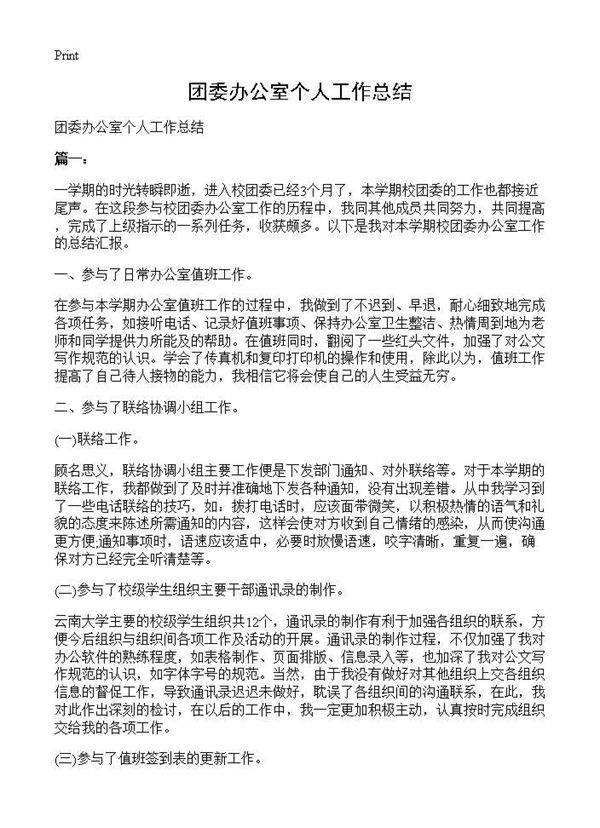 团委办公室个人工作总结