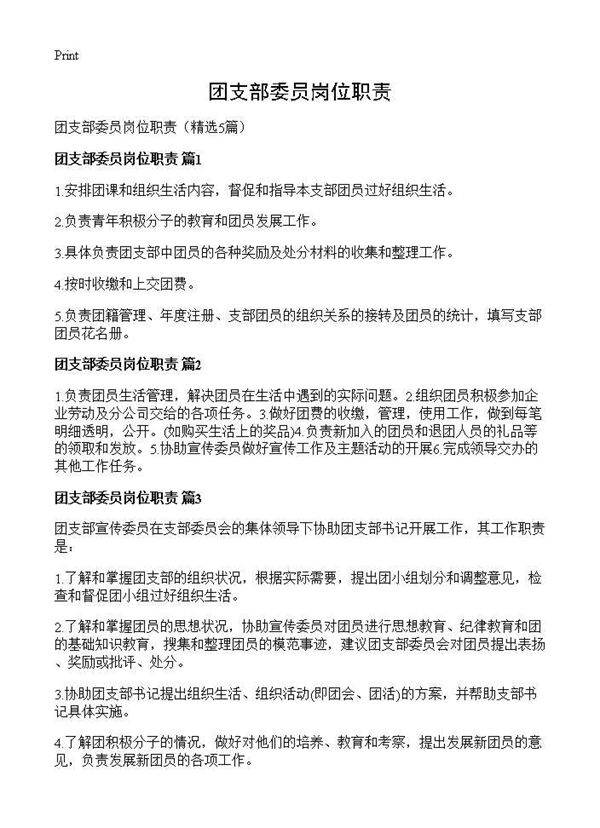 团支部委员岗位职责5篇