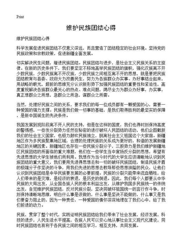 维护民族团结心得