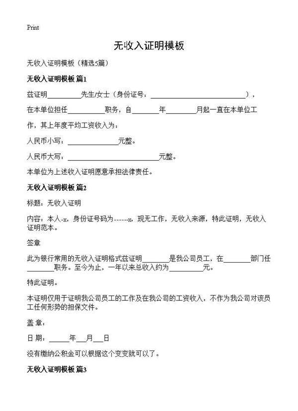 无收入证明模板5篇