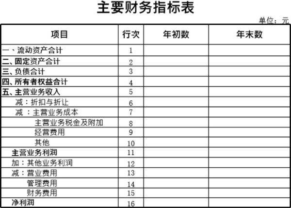 主要财务指标表模板