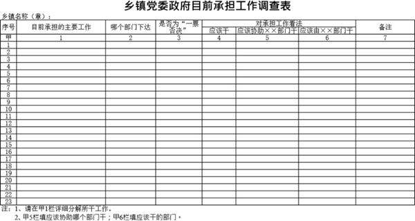 乡镇党委政府目前承担工作调查表模板