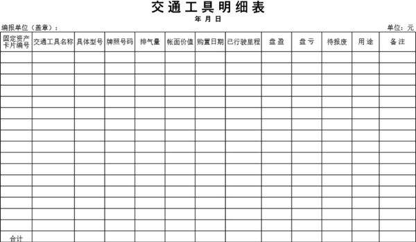交通工具明细表