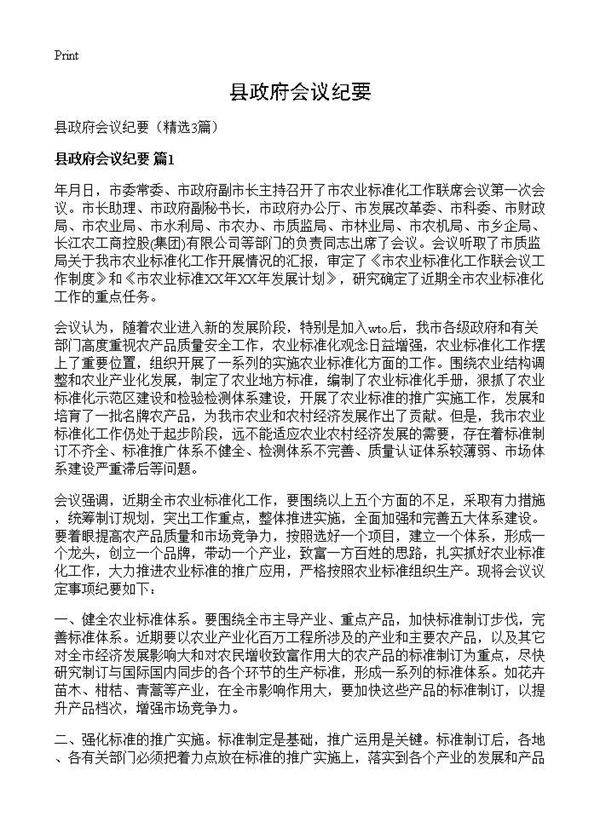 县政府会议纪要3篇