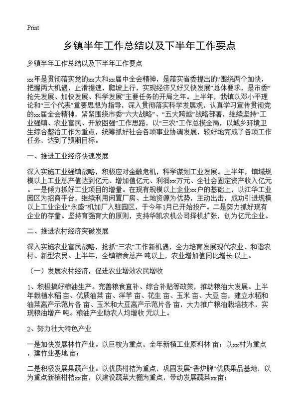 乡镇半年工作总结以及下半年工作要点