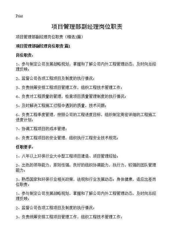 项目管理部副经理岗位职责3篇