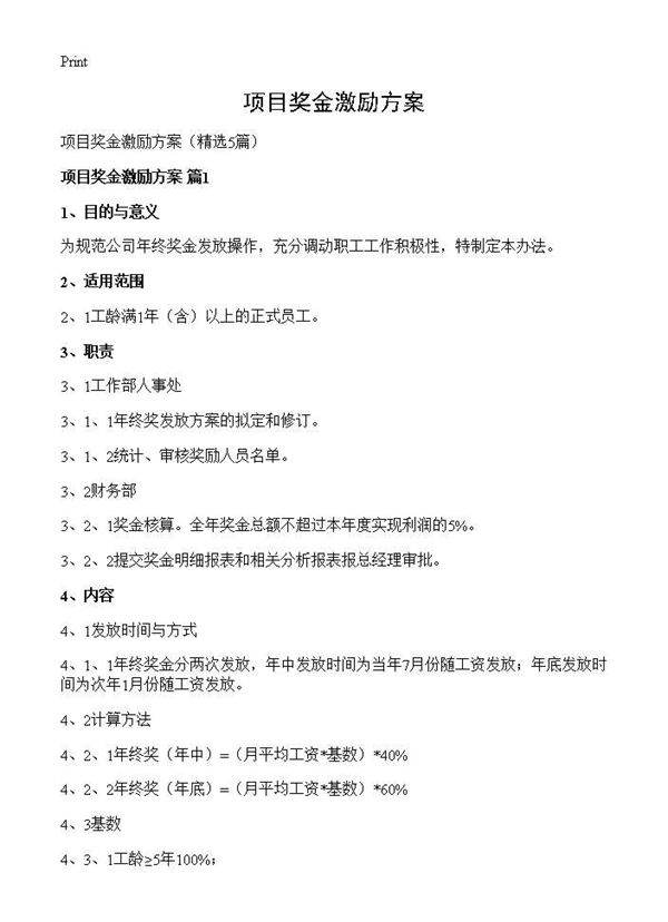 项目奖金激励方案5篇