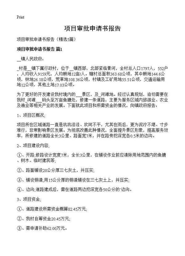 项目审批申请书报告5篇