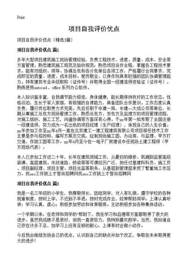 项目自我评价优点3篇