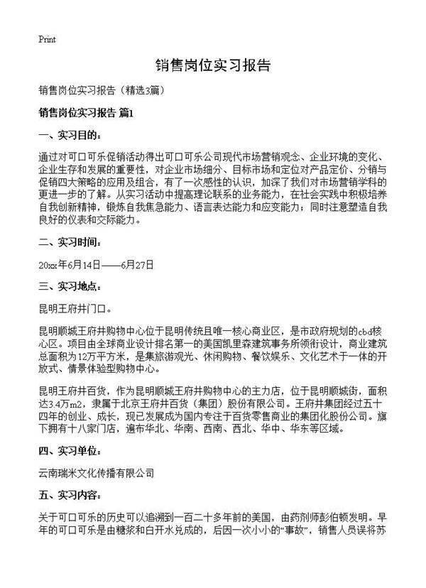 销售岗位实习报告3篇