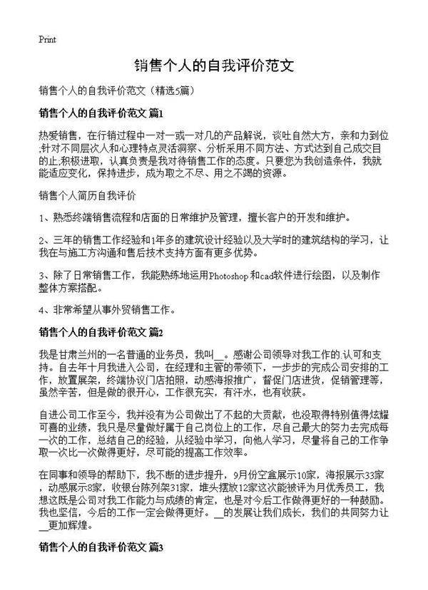 销售个人的自我评价范文5篇