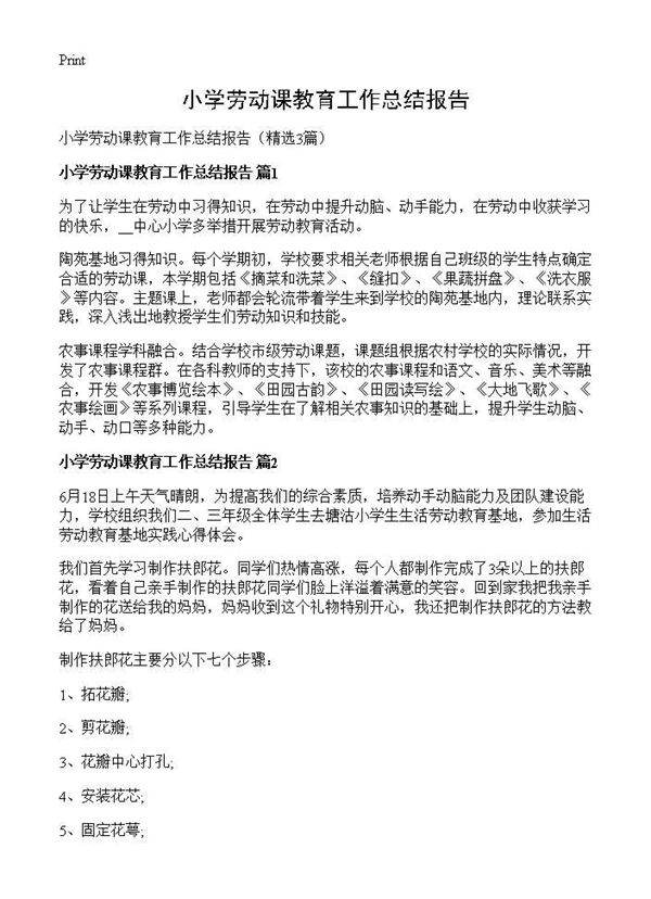 小学劳动课教育工作总结报告3篇