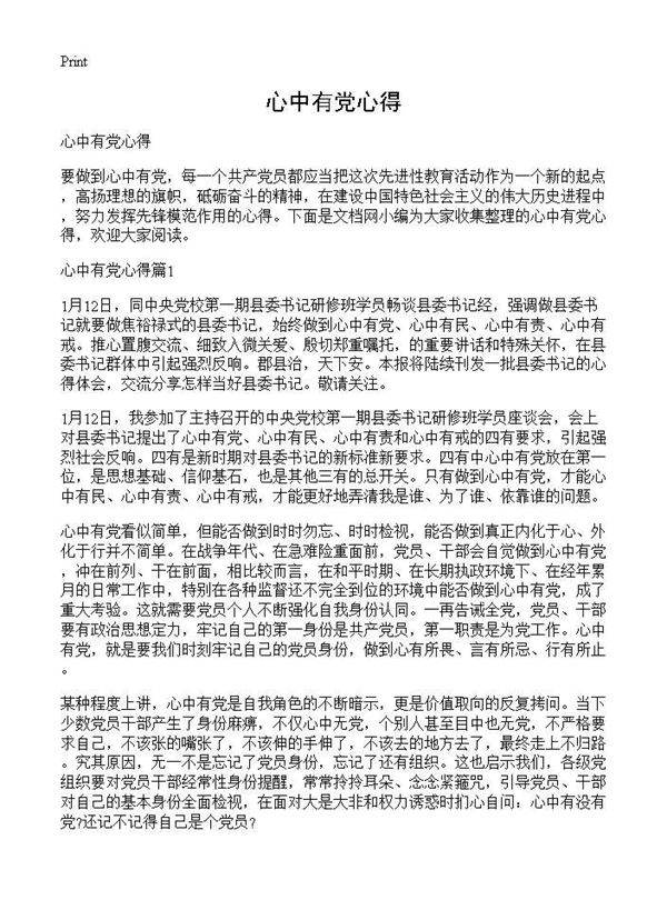 心中有党心得