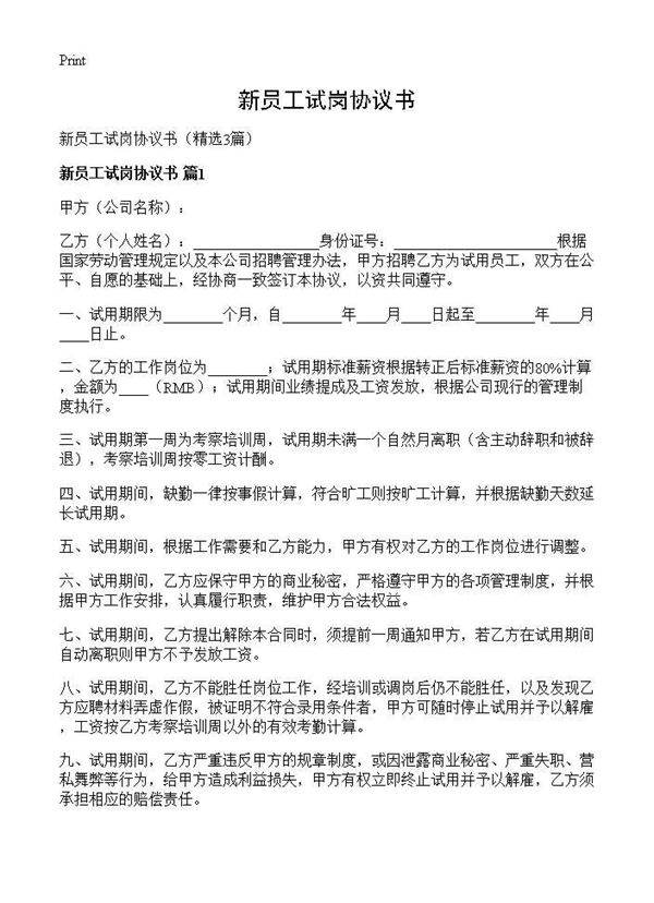 新员工试岗协议书3篇