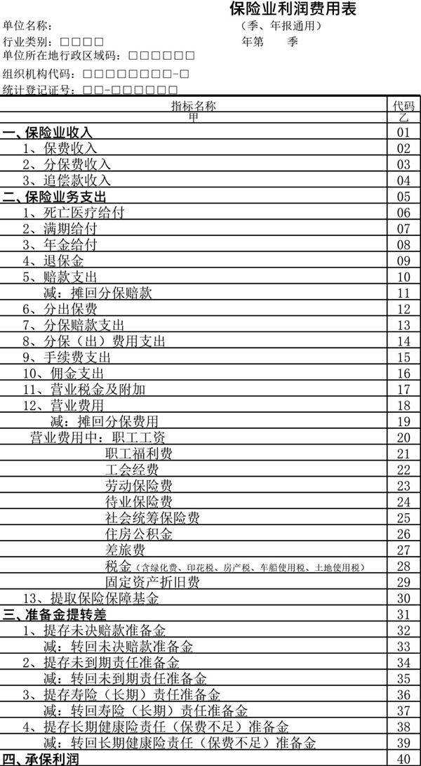 保险业利润费用表模板