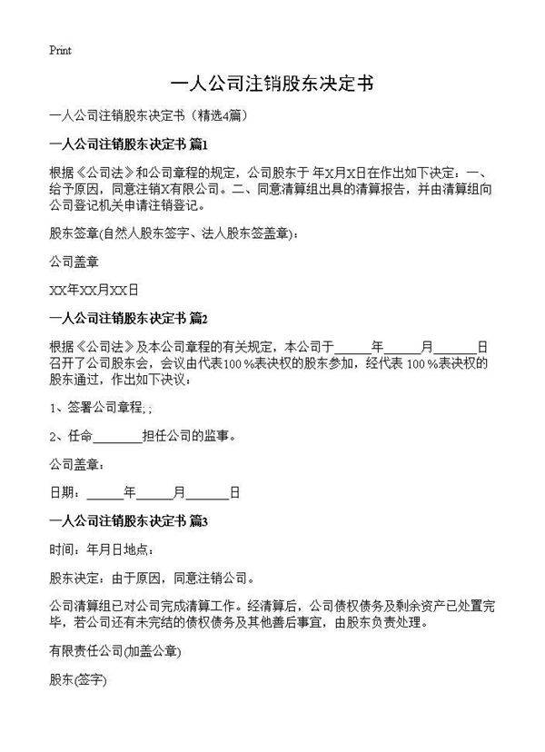 一人公司注销股东决定书4篇