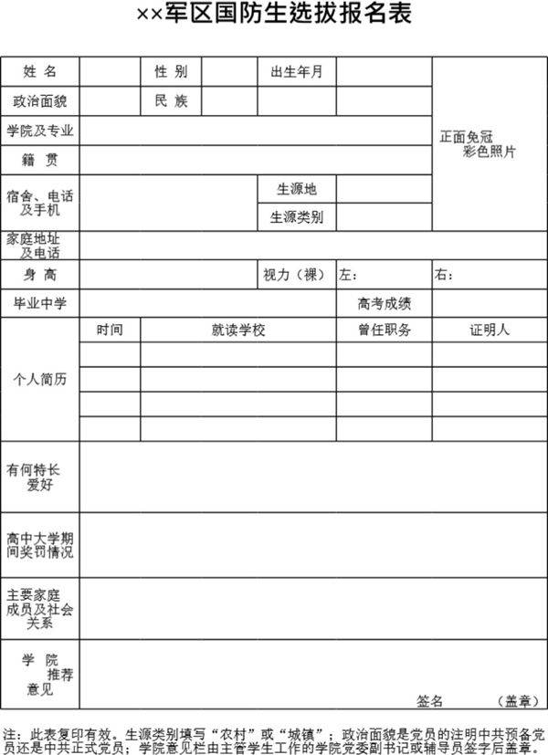 军区国防生选拔报名表模板