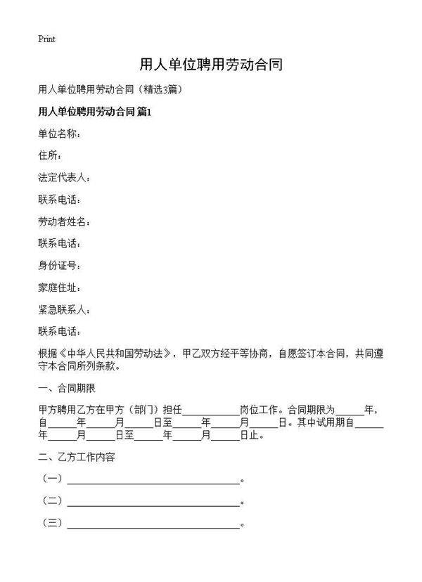 用人单位聘用劳动合同3篇