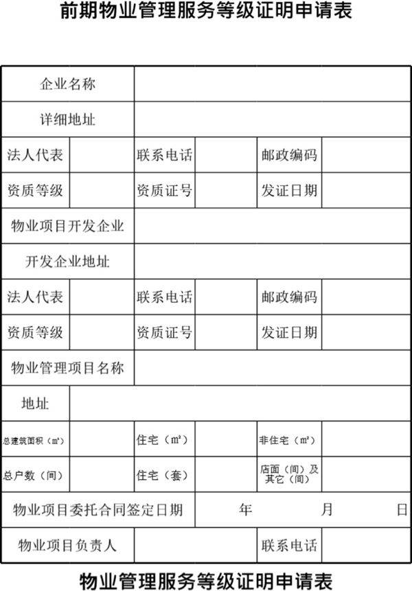 前期物业管理服务等级证明申请表模板