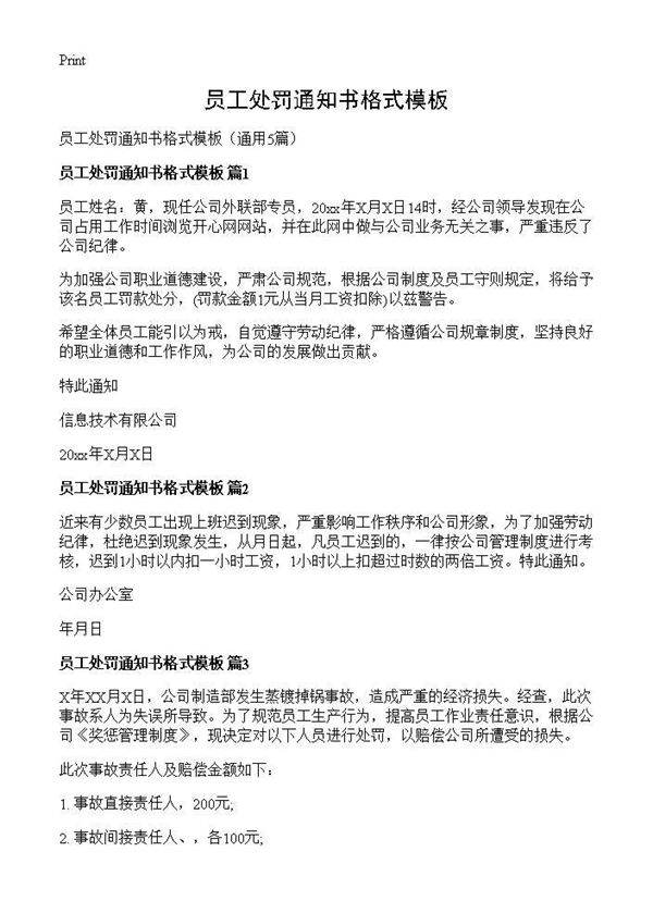 员工处罚通知书格式模板5篇