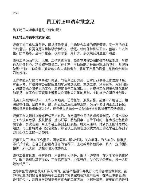 员工转正申请审批意见3篇
