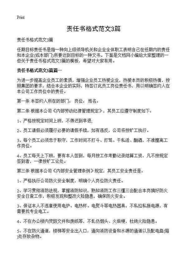 责任书格式范文3篇