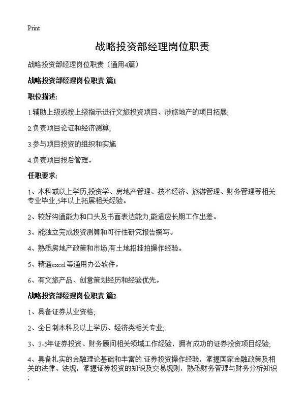 战略投资部经理岗位职责4篇