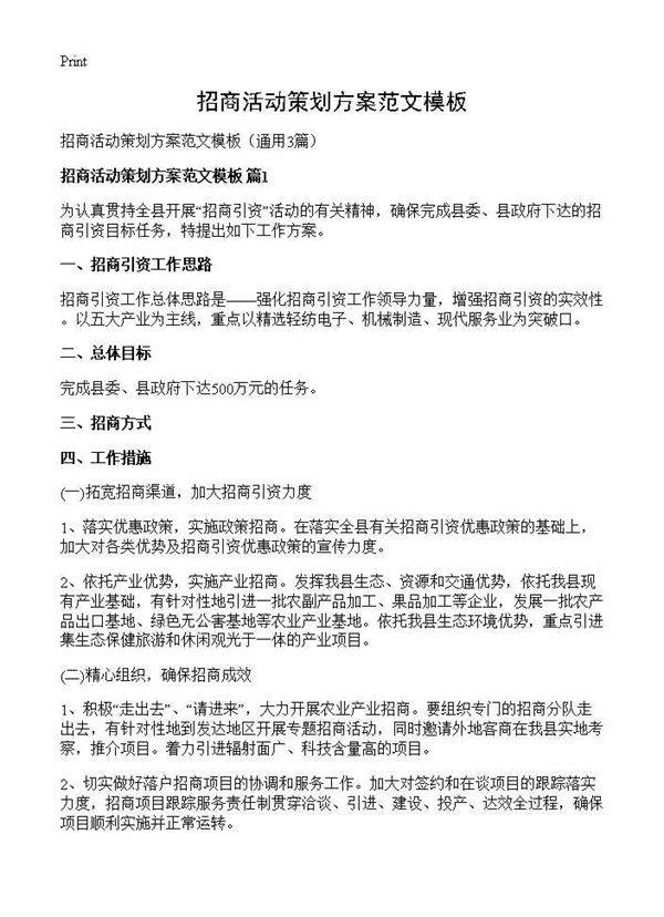 招商活动策划方案范文模板3篇