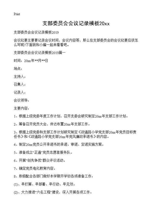 支部委员会会议记录模板2019