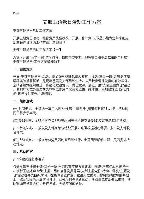 支部主题党日活动工作方案