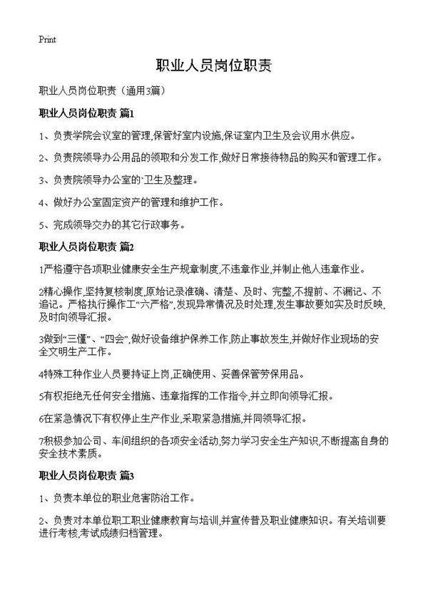 职业人员岗位职责3篇