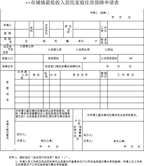 城镇最低收入居民家庭住房保障申请表模板