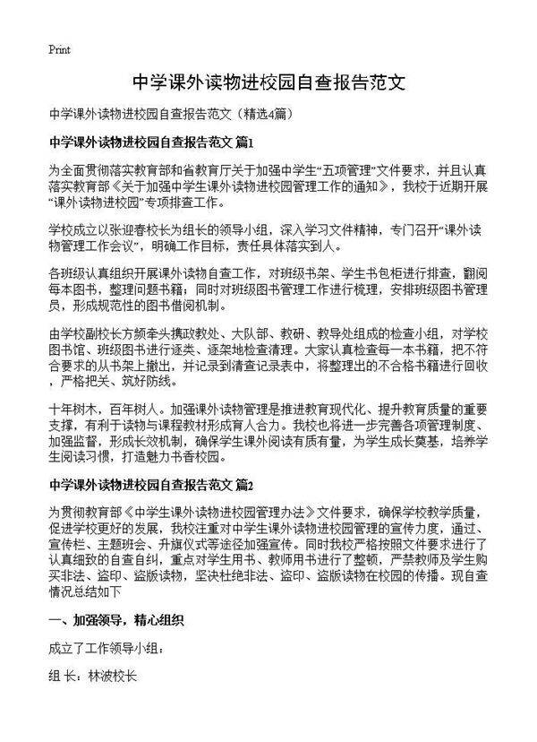 中学课外读物进校园自查报告范文4篇