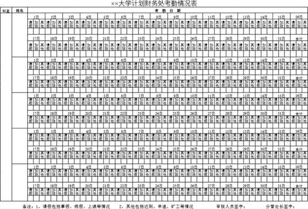 大学计划财务处考勤情况表模板