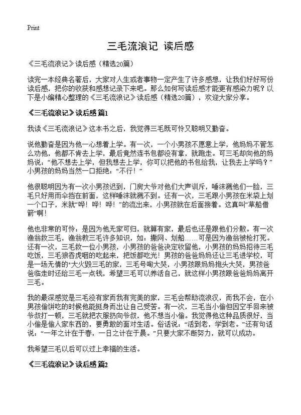 《三毛流浪记》读后感20篇