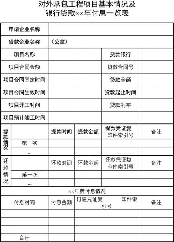 对外承包工程项目及银行贷款付息一览表