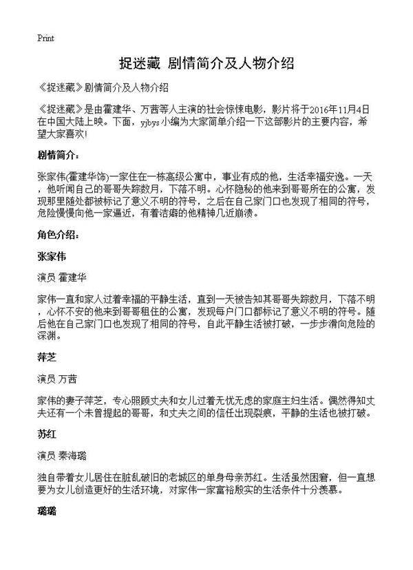 《捉迷藏》剧情简介及人物介绍