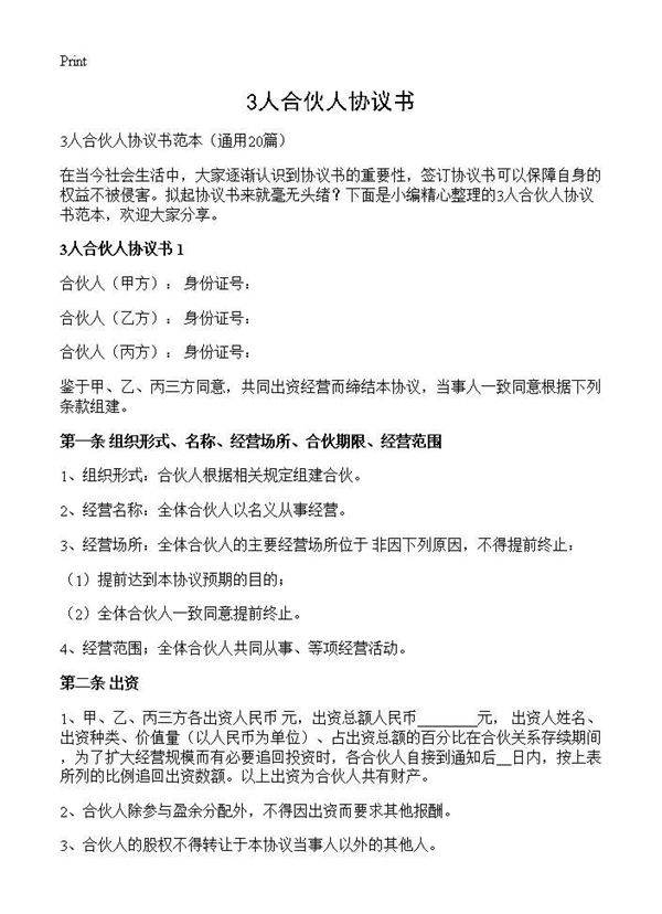 3人合伙人协议书20篇