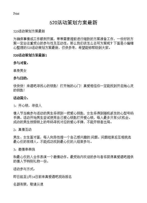 520活动策划方案最新