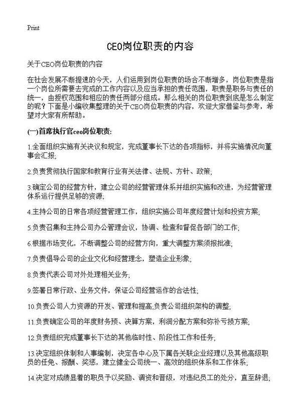 CEO岗位职责的内容