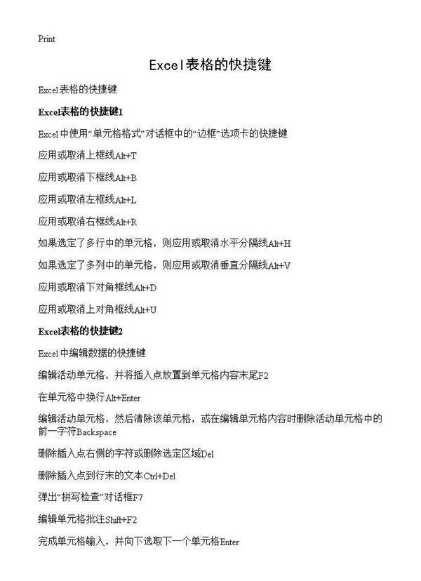 Excel表格的快捷键