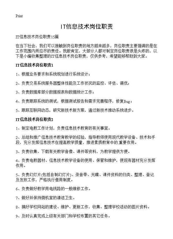 IT信息技术岗位职责